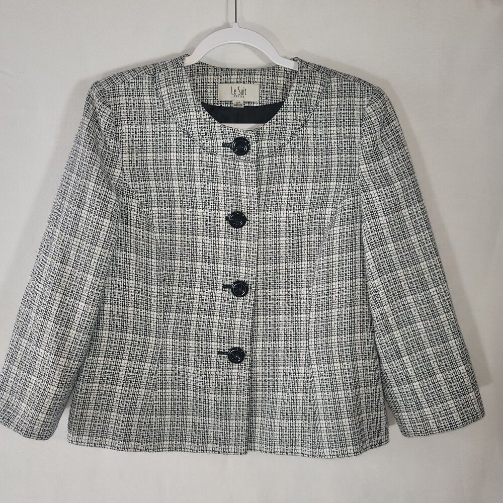 Le Suit Petite Black White Tweed Collarless Blazer Jacket Workwear Size 12P